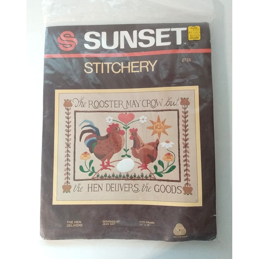 New Sunset Stitchery The Hen Delivers The Goods 11" X 14" Crewel Kit 2723 Sealed